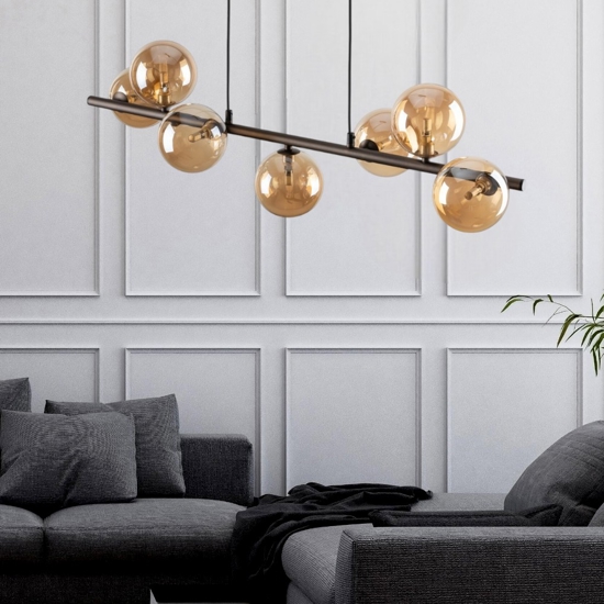 Lampadario moderno sfere vetro ambra per soggiorno